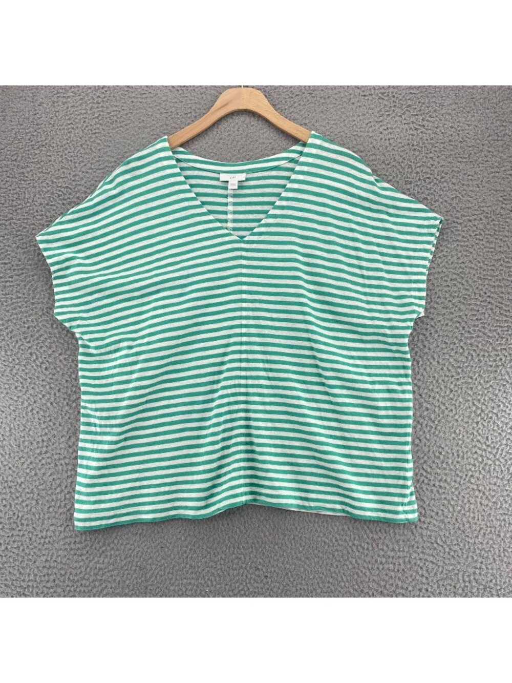 J Jill Top Womens Large Green Striped Linen Blend Dolman Short Sleeves V Neck*